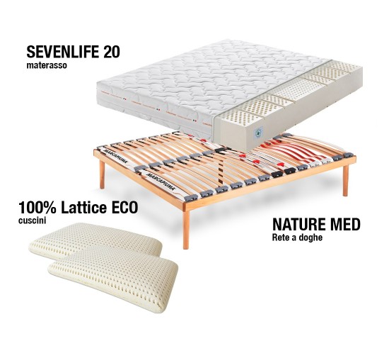 Sistema Letto Materasso Sevenlife 20 + Rete a doghe + Cuscini - Marcapiuma