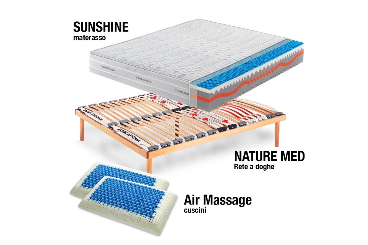 Sistema Letto Materasso Sunshine + Rete a doghe + Cuscini - Marcapiuma