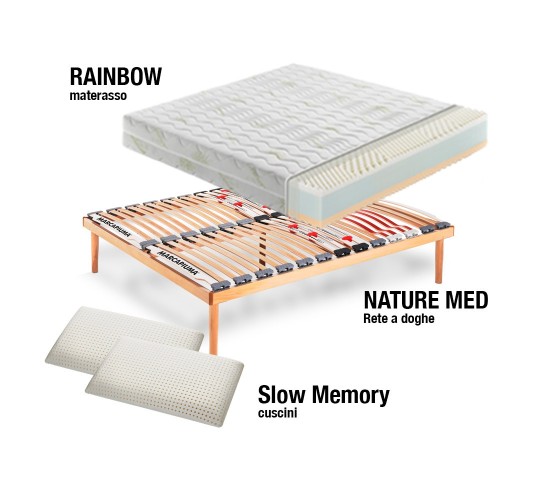 Sistema Letto Materasso Rainbow + Rete a doghe + Cuscini - Marcapiuma